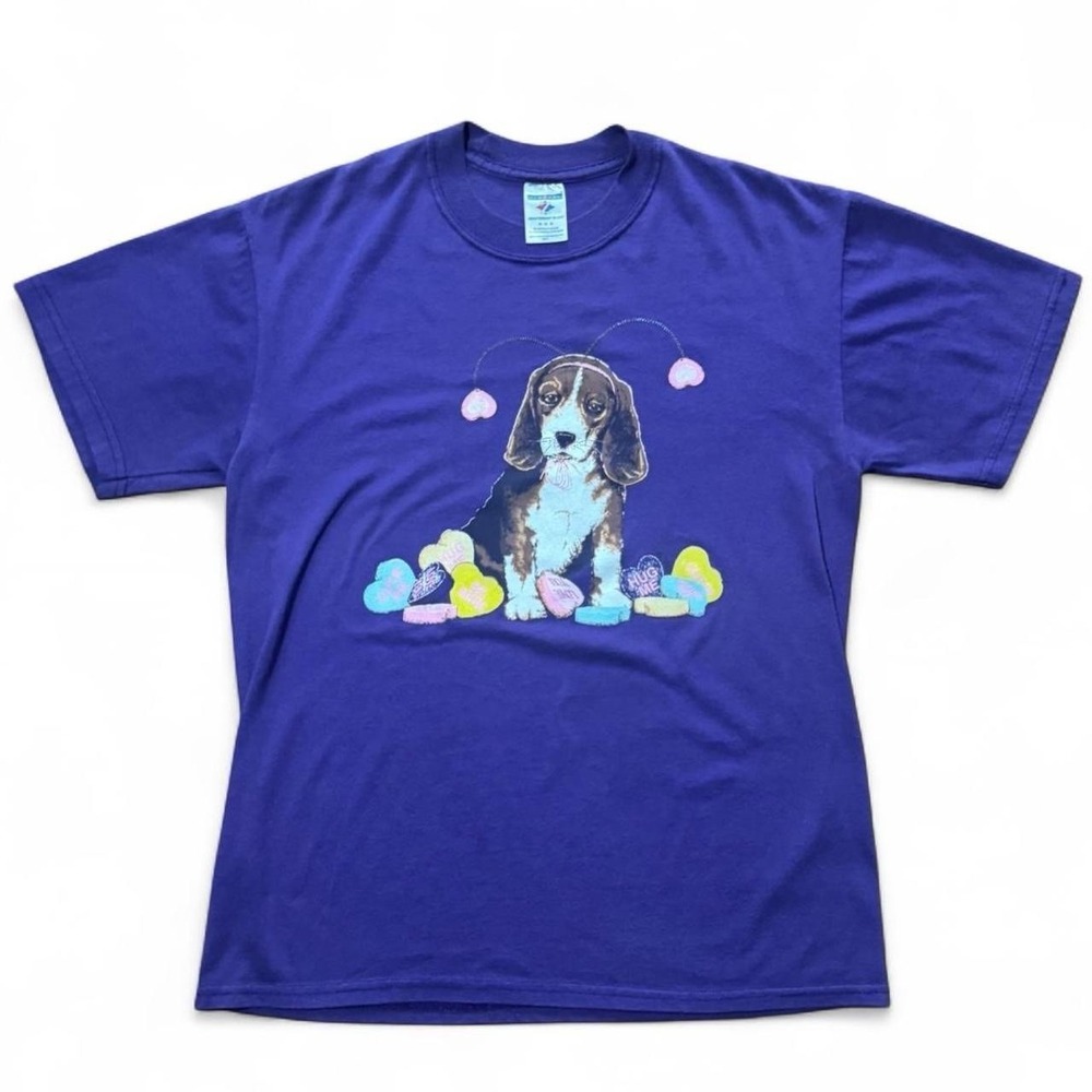 Vintage 90s Purple Candy Heart Cute Puppy Dog Beagle Valentines Animal T-shirt M